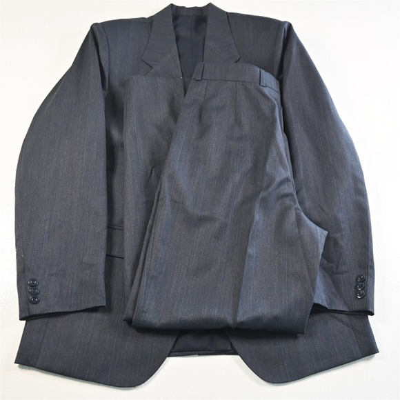 Vtg‎ Bespoke 44L 32x32 Blue Striped Wool Mens Jacket Pants Suit